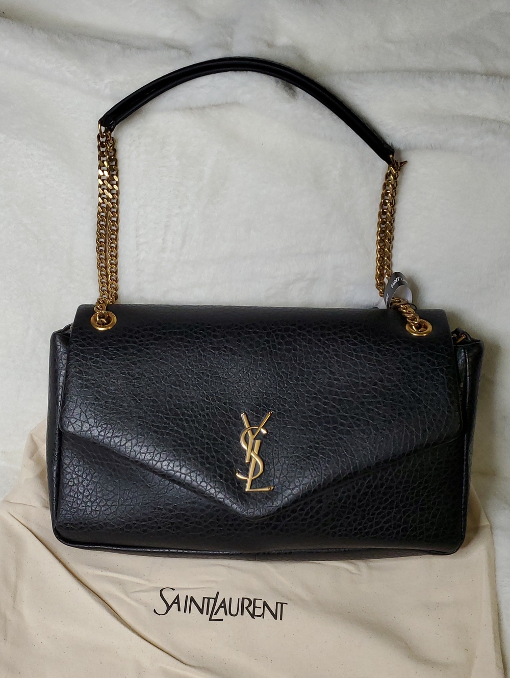 Ysl  Black Canvas Textured  Shoulder Bag with Gold Hardware